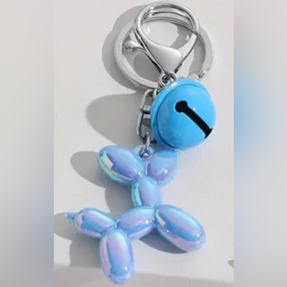 BAG CHARM Blue Iridescent Cartoon Balloon Puppy With Bell Key Chain - Picture 2 of 3
